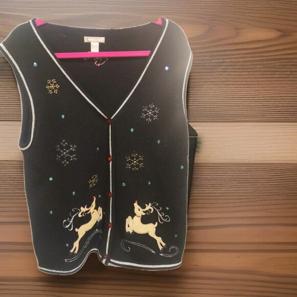 White Stag Sweaters - White Stag Ugly Christmas Sweater Vest Reindeer Snowflakes Size 12/14 L Black